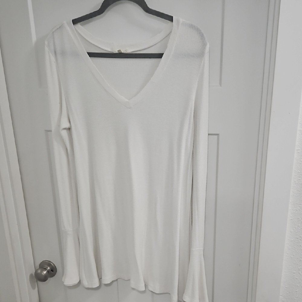 Free People Cream Long Sleeve V-Neck Top